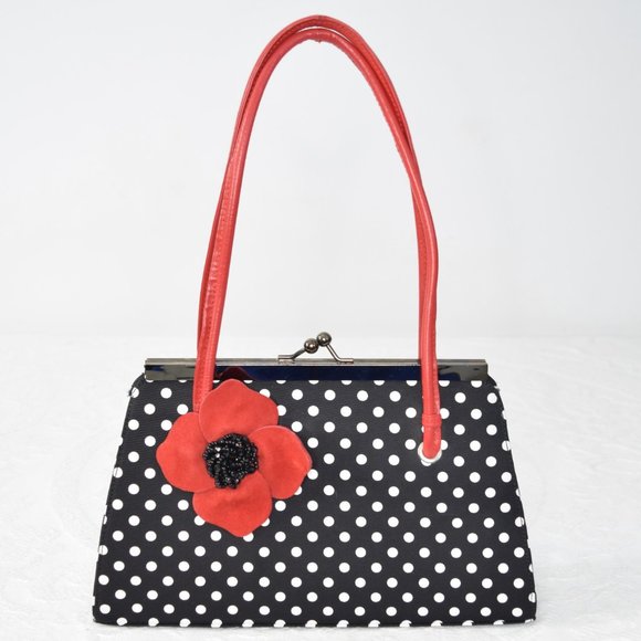 Ramon Tenza Poppy Polka Dot Black White Red Beaded Purse Handbag w/ Dust Bag EUC - Picture 2 of 13